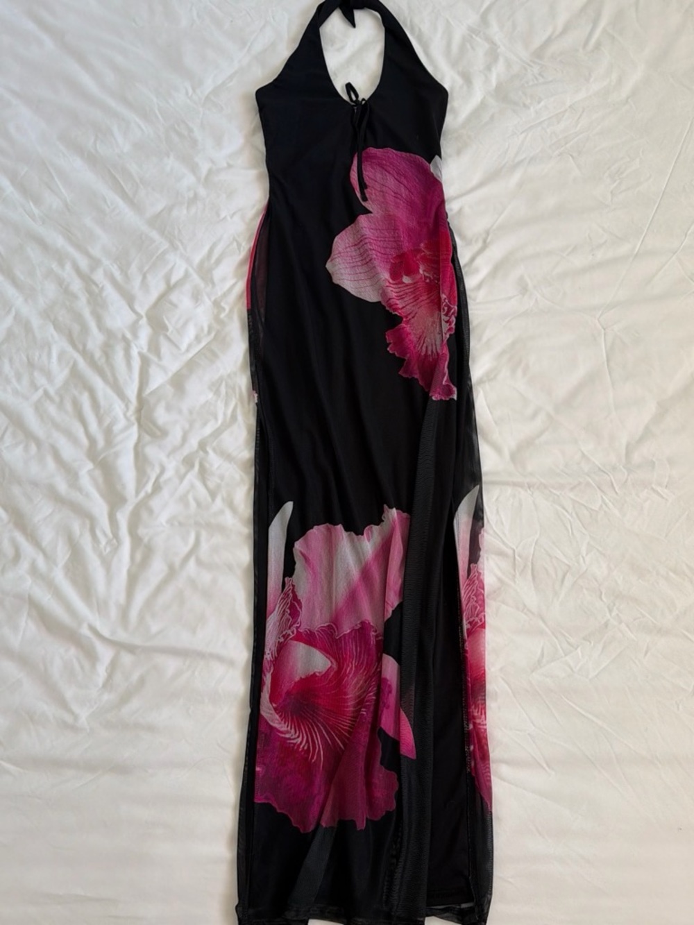 Sincerely Jules Black Maxi Halter Dress with Pink Floral Print